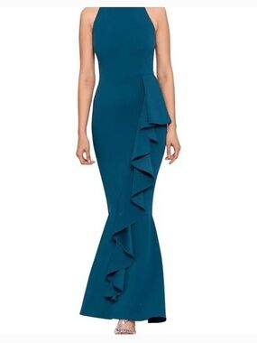 Betsy and Adam Teal Ruffle Formal Dress
